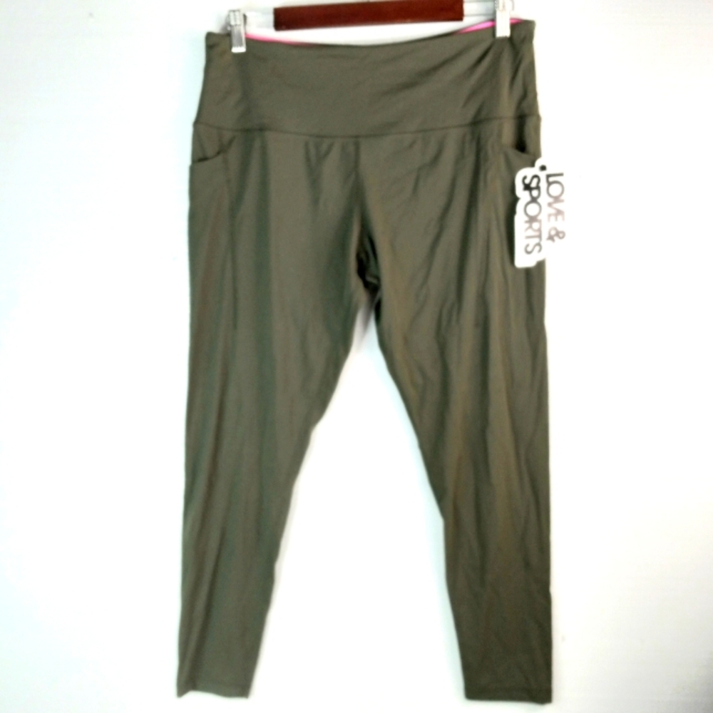 Love & Sports XXL Olive Workout Athleisure Pocketed Leggings Pants NEW